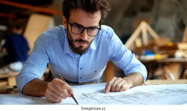 Focused Architect Working on Architectural Plans in Workshop