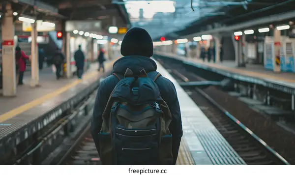 Man Standing On Train Platform With Backpack