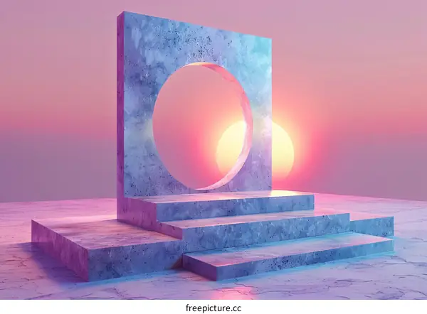 3D rendering of a concrete structure with a circular opening and a stepped platform in front of it against a gradient sunset sky.