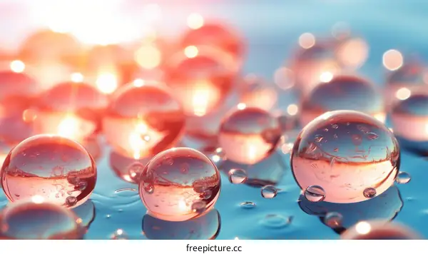 Close-up of water droplets on a blue surface with a pink background