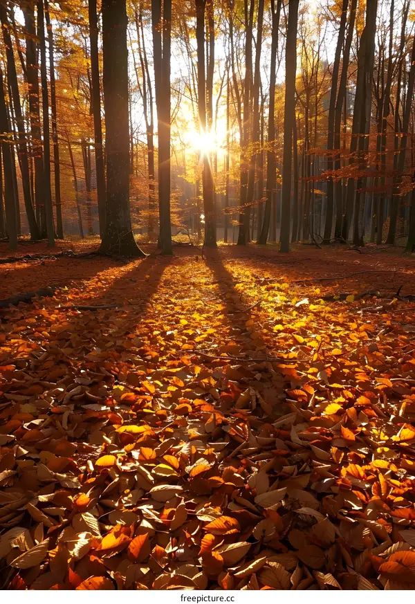sunlight shining through trees in autumn forest