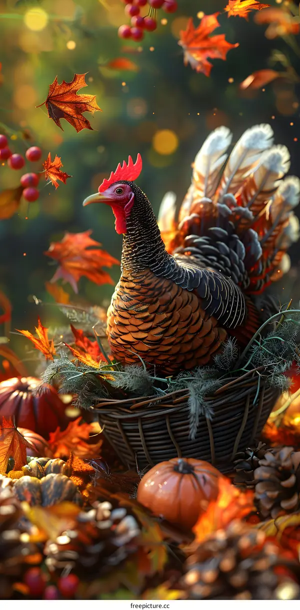 Turkey in Autumn Leaves and Pumpkins