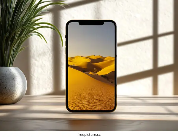 Golden Smartphone With Desert Wallpaper On Wooden Table