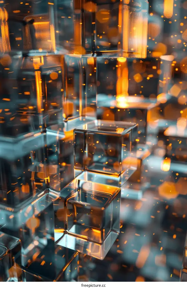 Abstract 3D Rendering of Glass Cubes with Particles Floating