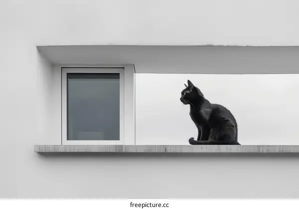 A black feline is sitting still on a concrete ledge in front of a glass window in a sunny modern designed European home