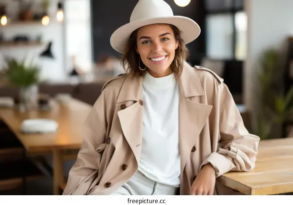 Smiling young woman wearing a stylish hat and trench coat