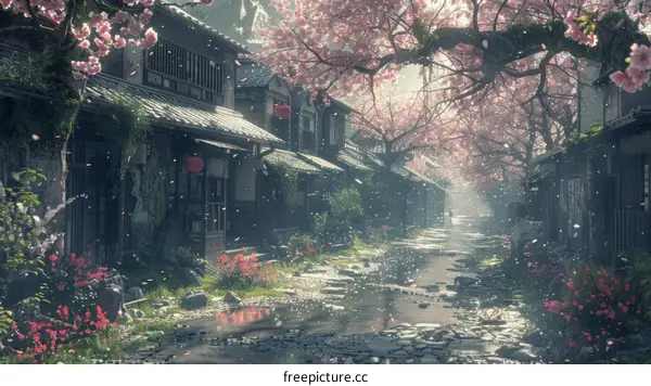 A beautiful street in Japan with cherry blossoms