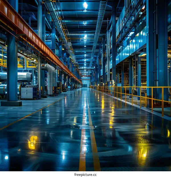 Modern factory interior with blue lights and shiny floor