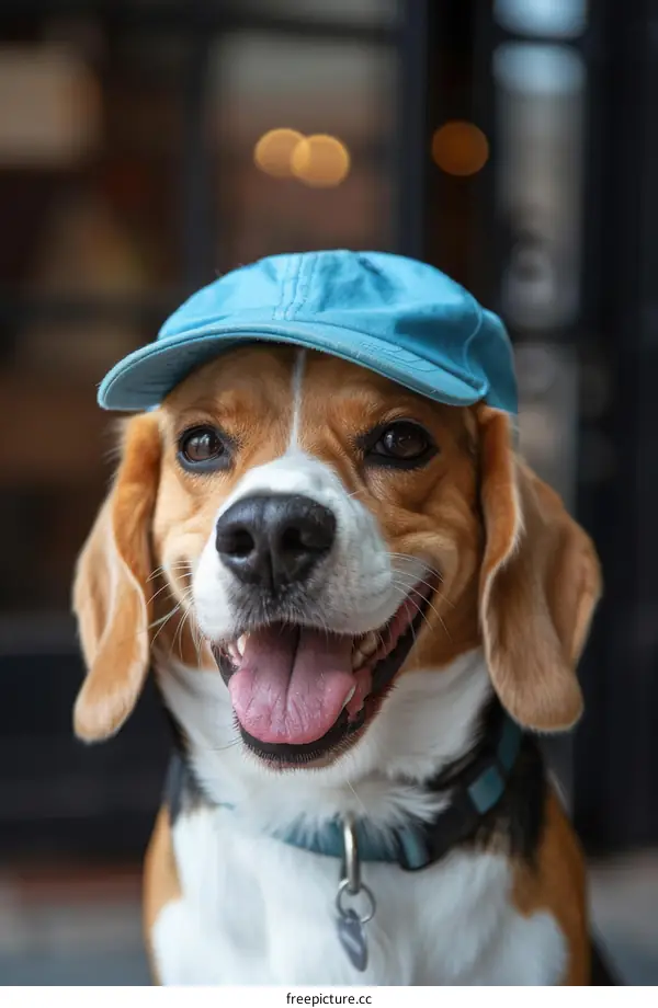 Happy Beagle Dog Posing With a Blue Hat