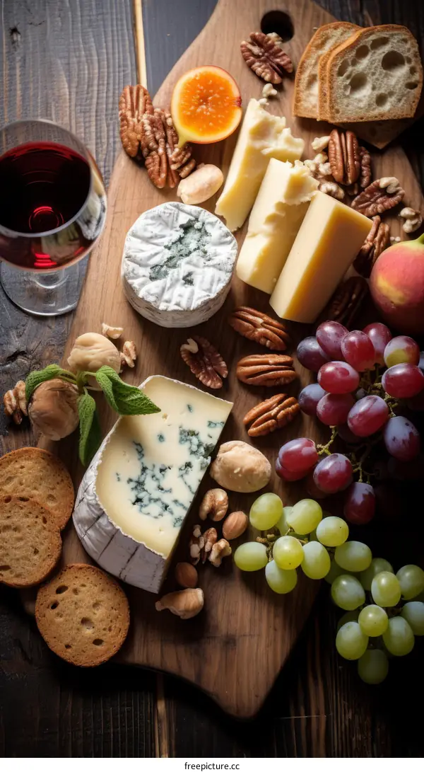 An assortment of cheese, fruit, and wine on a wooden board