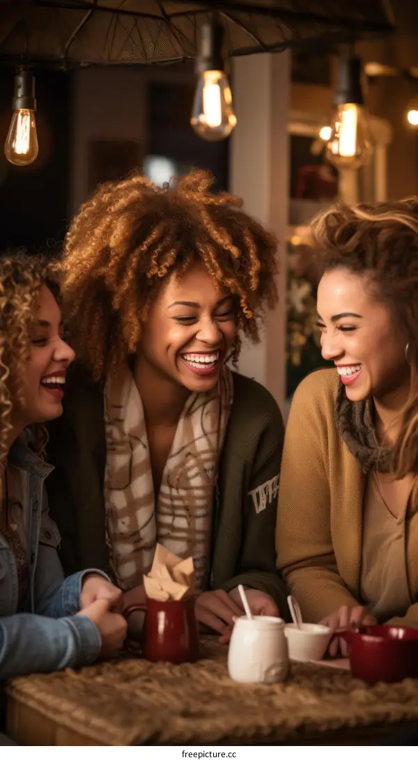 Three young women of African descent are sitting at a table in a restaurant laughing