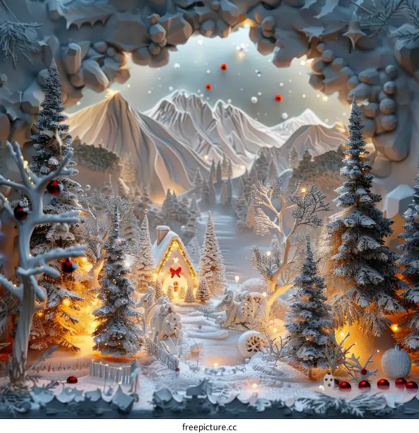 Snowy Winter Wonderland Scene with Small Houses and Trees