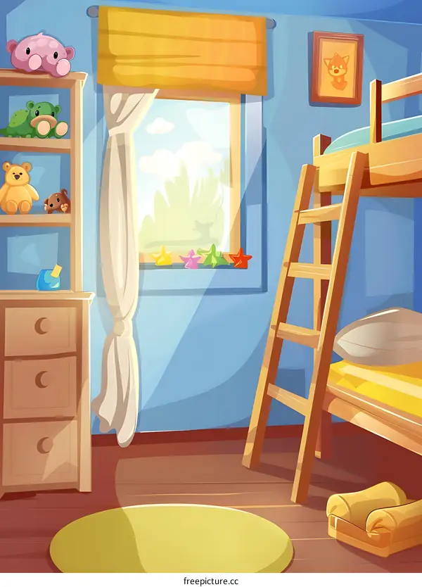 Cartoon Illustration of a Cozy and Colorful Kids Bedroom with a Bunk Bed