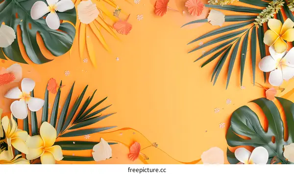Tropical Summer Background with Palm Leaves and Flowers