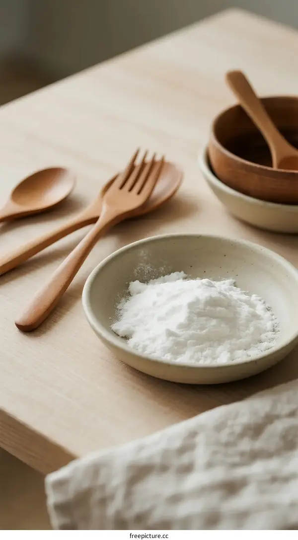 Baking Soda in White Bowl with Wooden Utensils on Table