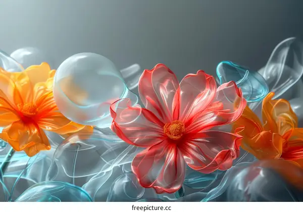 3D rendering of orange and red flowers with blue glass-like objects