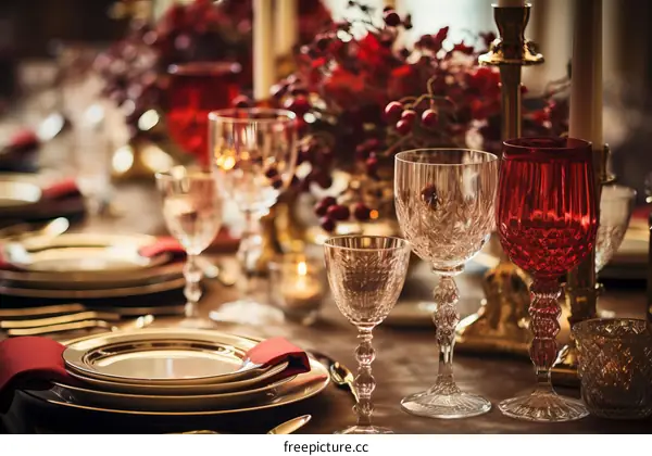 Elegant table setting with red and gold accents