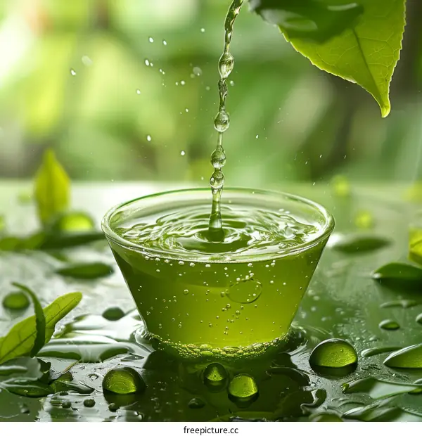 Green tea leaves and water droplets