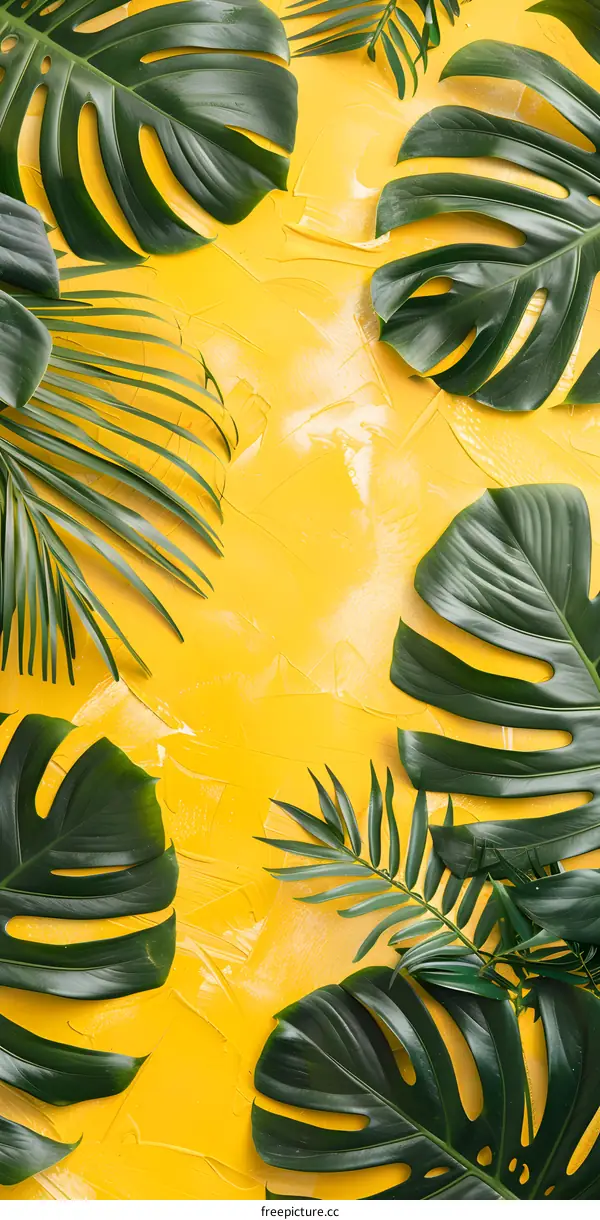 Tropical Leaves on Yellow Background