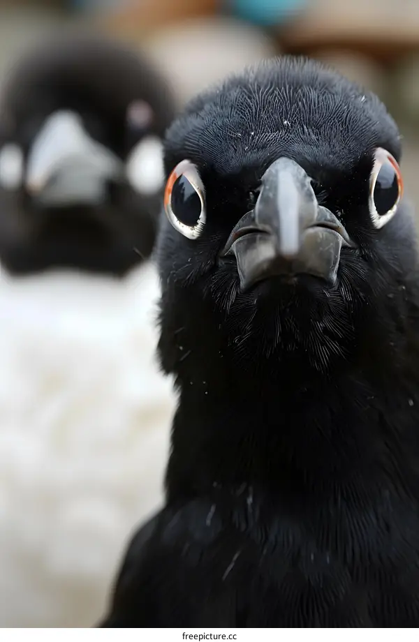 Close-up of a black bird with red eyes