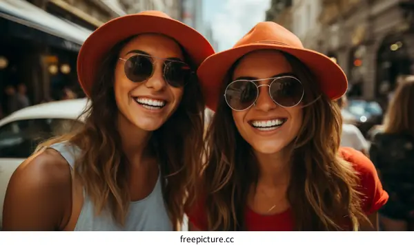 Two happy young women wearing orange hats and sunglasses smiling at the camera
