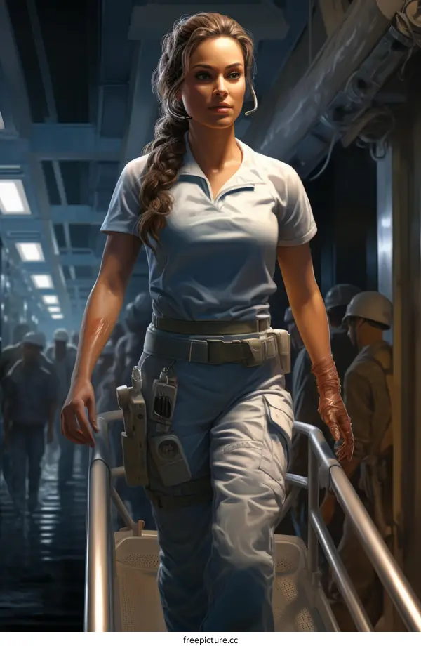 A female soldier walking down a hallway