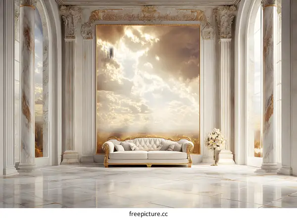 Luxury Living Room With White Couch and Gold Accents