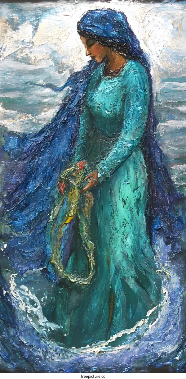 Woman in Blue Dress Standing in Ocean Waves