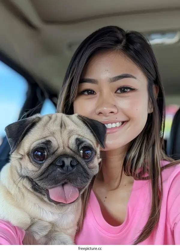 pug and girl in the car