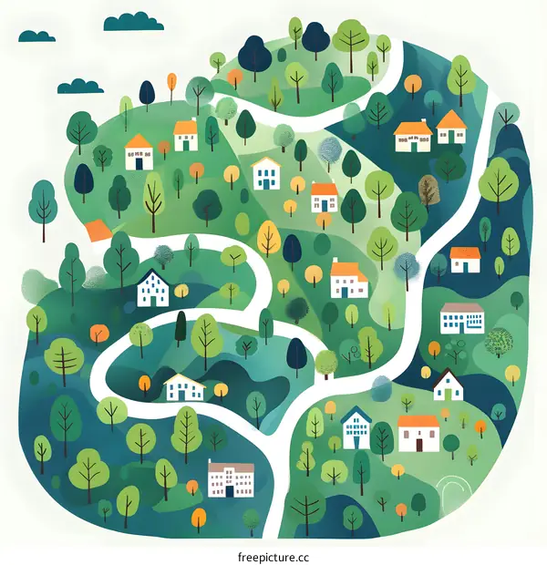 Green Village Illustration with Houses and Trees