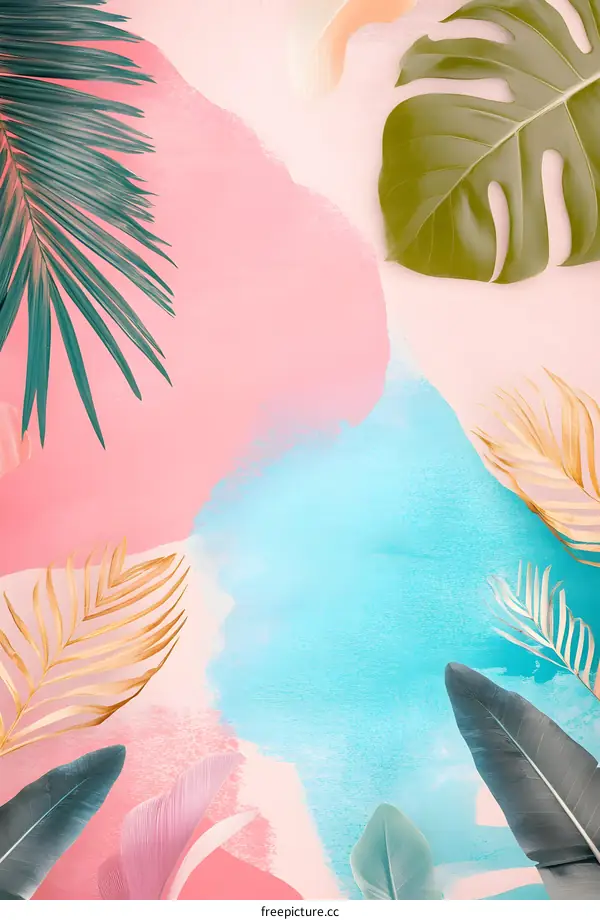 Tropical Leaves on Pink and Blue Watercolor Background