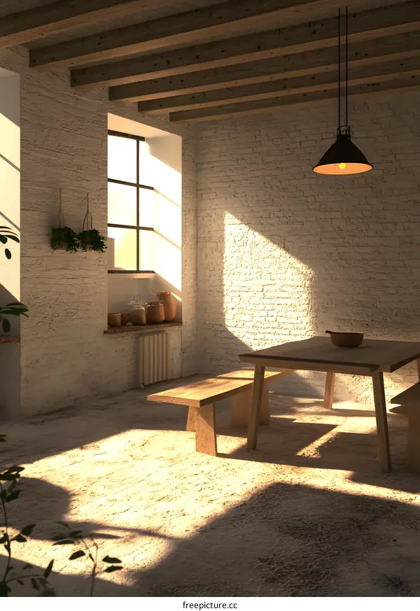 Minimalist Interior Design with Wooden Beams and Sunlight