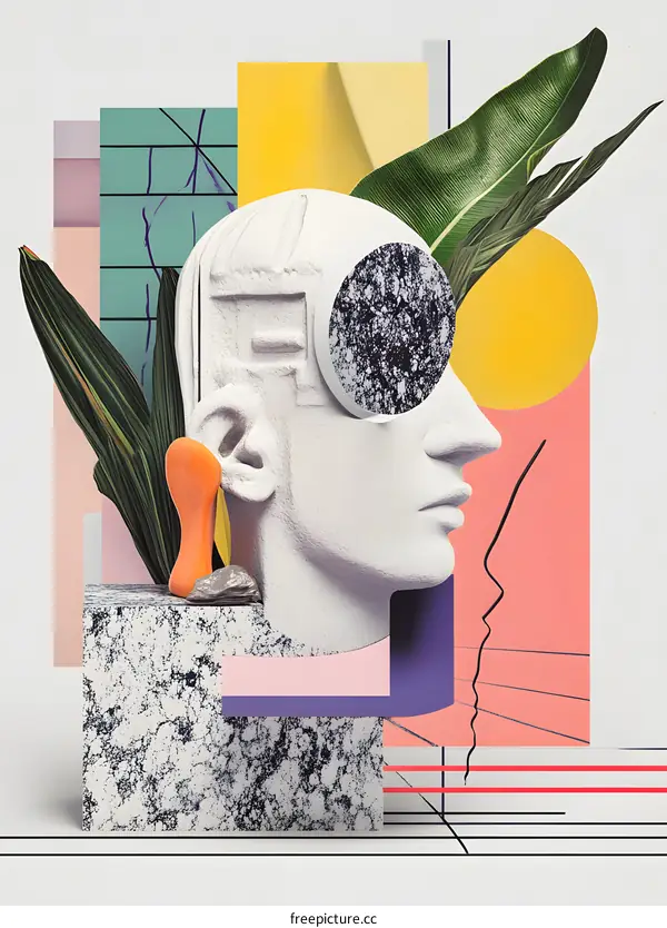 Abstract Art with Human Head and Tropical Leaves