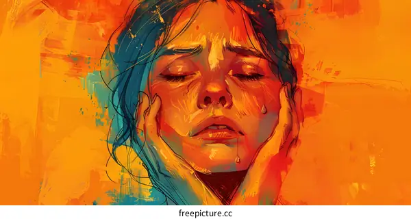 A woman with blue hair is crying with her hands on her face