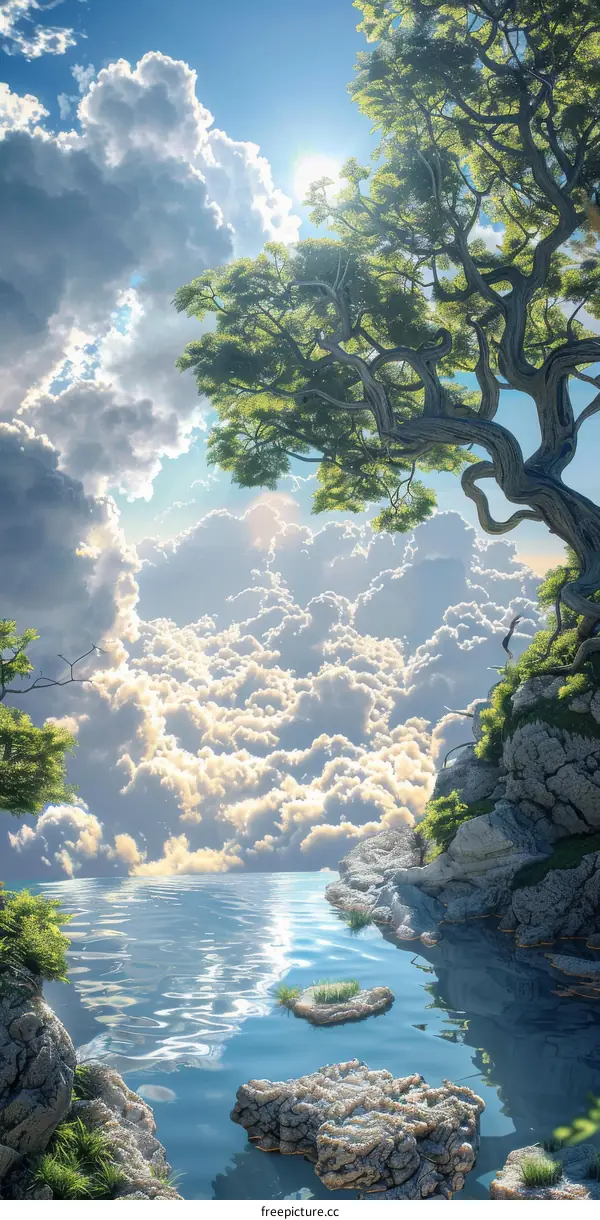 Stunning Fantasy Landscape with a Tree Blooming on a Cliff above a Sea of Clouds