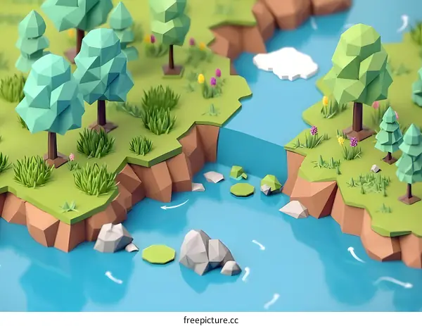 Low Poly 3D Illustration of Nature Scene with Forest and River