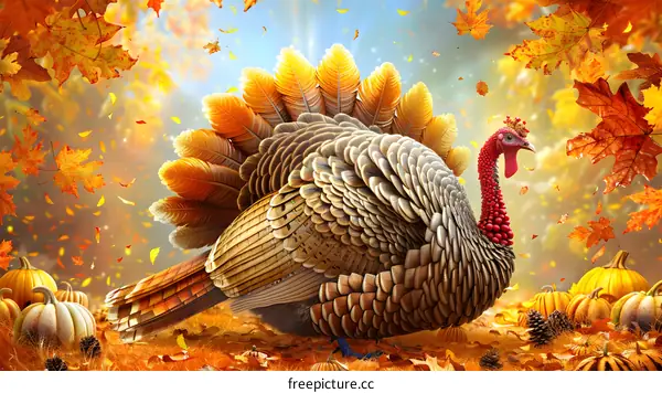 A turkey standing in the fallen leaves