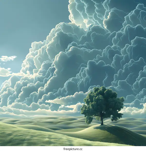 Lonely Tree in a Grassland with Huge Clouds