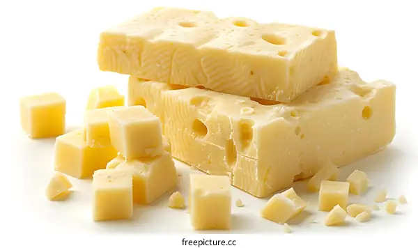 Close-up of a stack of cheese blocks and scattered cheese cubes