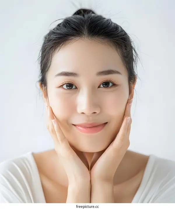 Beautiful Asian Woman with Long Black Hair Smiling