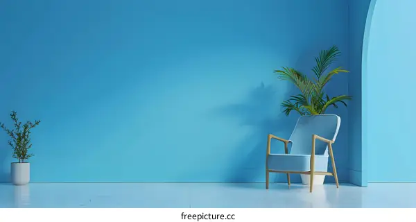 Blue Wall Interior Design with Chair and Plants