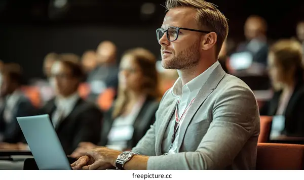 Business Conference Attendee Focused on Laptop