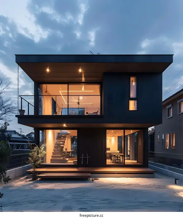 Modern Black House with Large Windows and Balcony