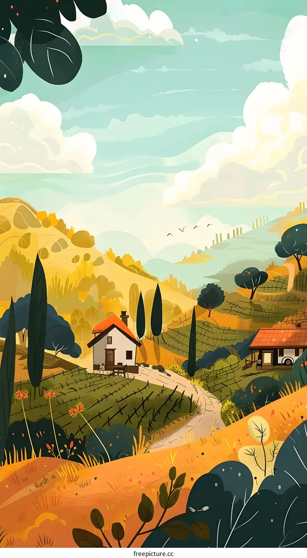 Autumn Landscape with Houses and Vineyards
