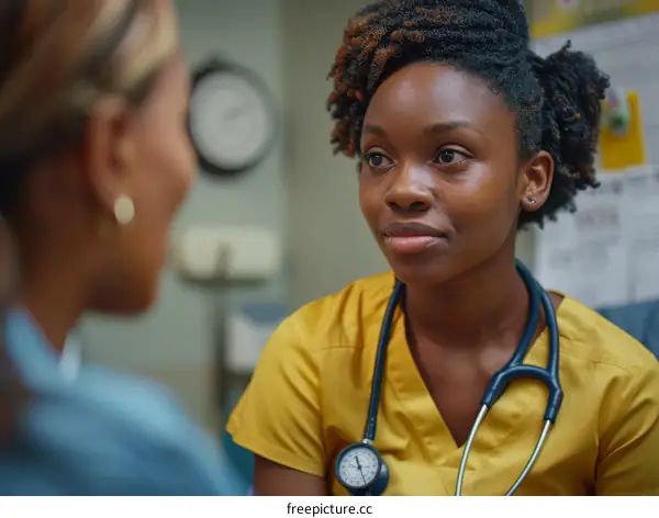 A female doctor is talking to a patient in a hospital.