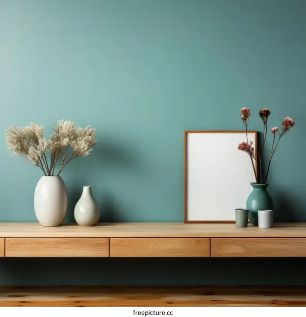 Dried flowers and photo frame on wooden table against green wall