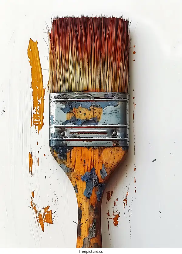 Close-up photo of a paintbrush with yellow and blue paint on a white background