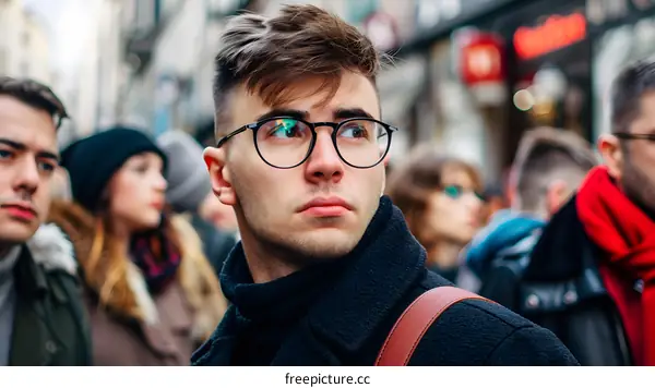 Young Man in Glasses Looking Over Shoulder in Crowd