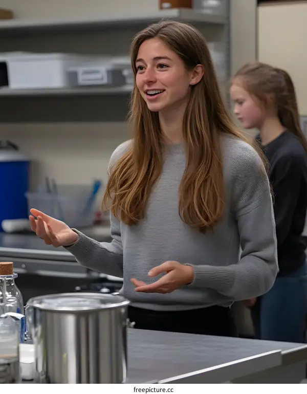 Young Woman Talking with a Group of People in a Kitchen