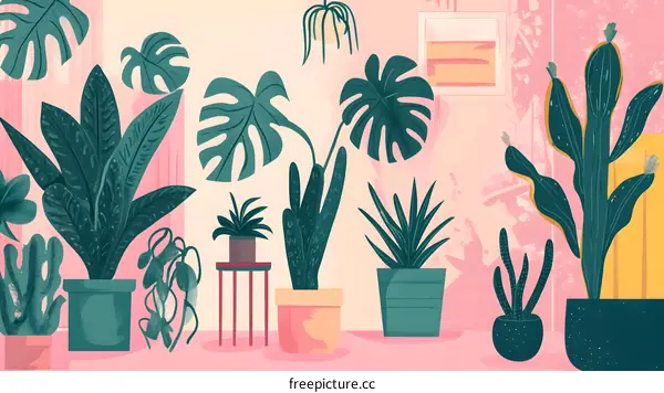 Indoor Plants Illustration With Pink Background